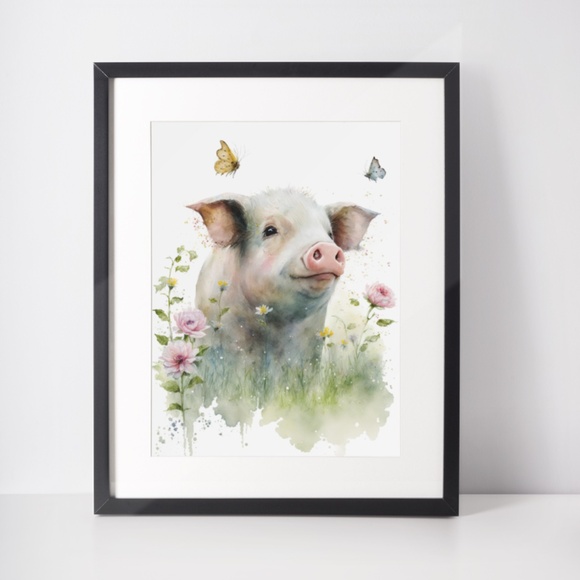Watercolor Cute Floral Farm Pig Wall Art Illustration Print Poster Unframed - Picture 2 of 7